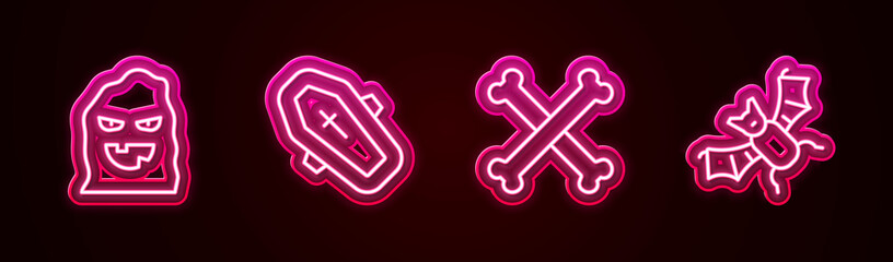 Set line Funny and scary ghost mask, Coffin with cross, Crossed bones and Flying bat. Glowing neon icon. Vector