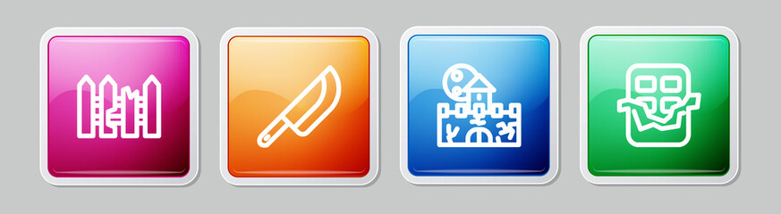 Fototapeta premium Set line Garden fence wooden, Knife, Castle, fortress and Chocolate bar. Colorful square button. Vector