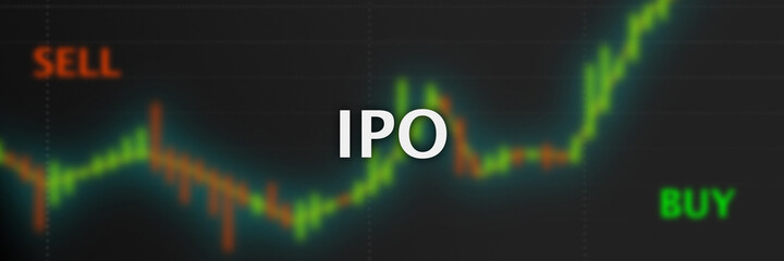 IPO (initial public offering) Börsengang, im Hintergrund ein Candlestick Chart einer Aktie, Börsenhandel, Aktien, Finanzen, Investieren, Vermögensaufbau