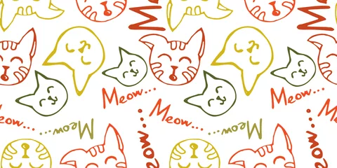 Fotobehang a seamless pattern with the contour of cat faces and the word meow in bright children's colors. For packaging paper, veterinary salons © Наталья Трубочнова