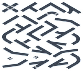 Isometric roads. Highway or city street road map elements, 3d road intersections and turns with markings vector illustration set. Asphalt road sections