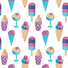 Seamless pattern with watercolor fruit ice cream on stick isolated on white backdrop. Hand painted sweet summer dessert background perfect for textile and scrapbooking