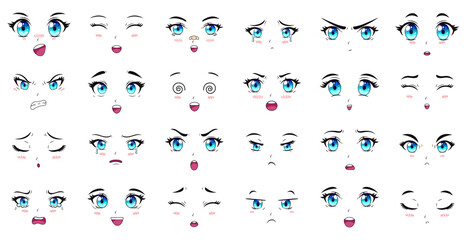 Obraz premium Cartoon anime characters eyes, eyebrows and mouth expressions. Manga female characters faces vector illustration set. Anime manga girls expressions