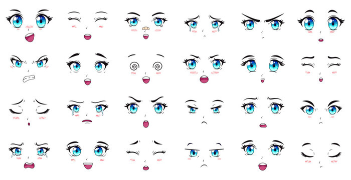 Cartoon anime characters eyes, eyebrows and mouth expressions. Manga female characters faces vector illustration set. Anime manga girls expressions