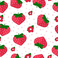 Strawberry pattern on a white background in a cartoon style with flowers and peas. For packaging, children textiles and office supplies. Vector illustration