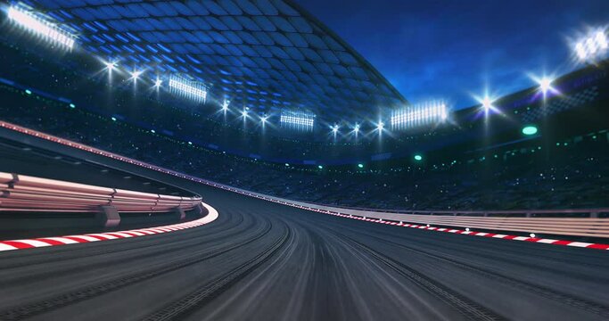 Tyre tracks on asphalt racing circuit and illuminated race sport stadium at night.  Professional racing sport 4k loop animation.