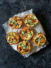 Mini quiche with salmon and zucchini on a dark background, top view. Delicious snacks, tapas,...
