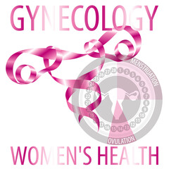Uterus of a pink ribbon on a white background with a round menstruation chart and the inscription "gynecology"