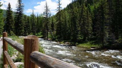 The river in the forest with a fence near Vail, CO - obrazy, fototapety, plakaty