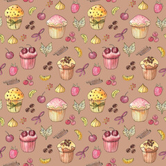 Sweet seamless pattern with cupcakes, berries and spices on a warm cocoa background. Pen and watercolor doodle style drawing. For wrapping paper, wallpapers, stationery, cards and more. 