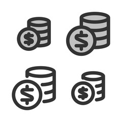 Pixel-perfect linear icon of coins stack built on two base grids of 32 x 32 and 24 x 24 pixels. The initial base line weight is 2 pixels. In two-color and one-color versions. Editable strokes