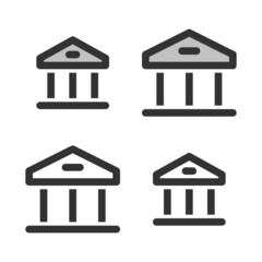 Pixel-perfect linear icon of a bank building built on two base grids of 32 x 32 and 24 x 24 pixels. The initial base line weight is 2 pixels. In two-color and one-color versions. Editable strokes