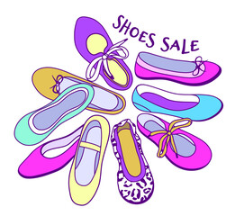 Ballet shoes illustration in bright neon color. Fashion concept for sale or shopping ad. Editable stroke