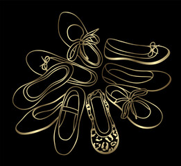 Women's shoes illustration in gold and black colors. Ballet flats fashion concept for sale or shop ad