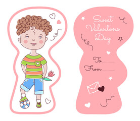Boy Valentine's Kids Card template. Front and back sides with copy space for text. Editable stroke