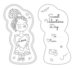 Valentine Card with African Girl holding big heart. Front and back template with copy space for text. Editable stroke. Black and white. Colored page background