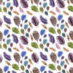 Watercolor seamless pattern with feathers and dream catchers