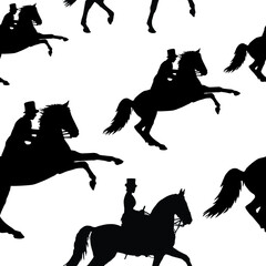seamless background of silhouettes isolated on a white  background, a lady and a gentleman on horseback,