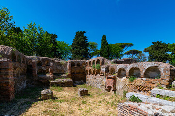 Rome, Ostia Antica. Ancient Roman ruins, architectural structure in the burial area of the...