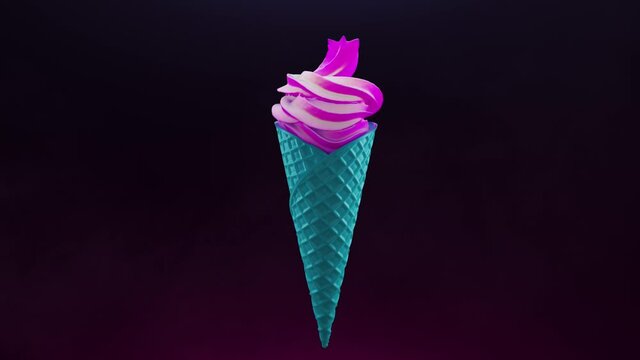 Pink turquoise ice cream waffle cone filling animation on a dark background