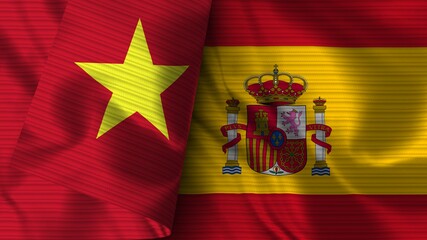 Spain and Vietnam Realistic Flag – Fabric Texture 3D Illustration