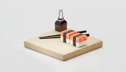 Sushi on a wooden board with chopsticks and soy sauce


