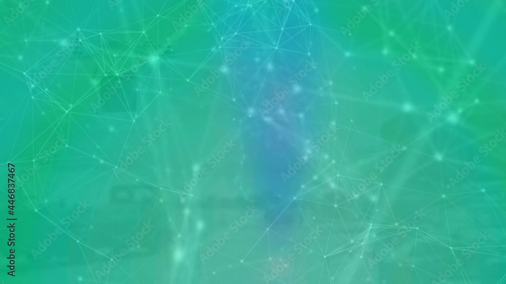 Poster animation of network of connections with icons over delivery drone with parcel