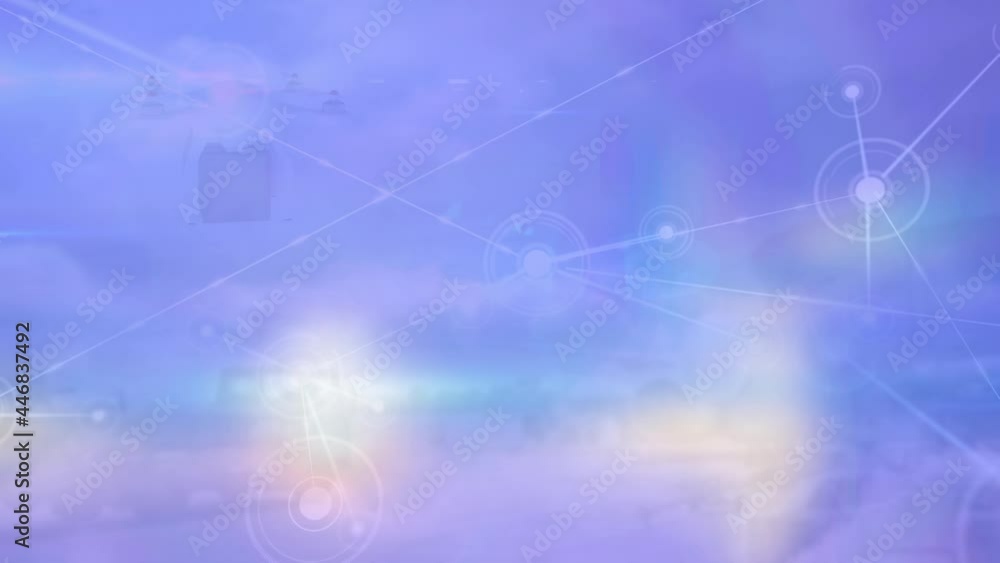 Poster animation of network of connections with icons over delivery drone with parcel
