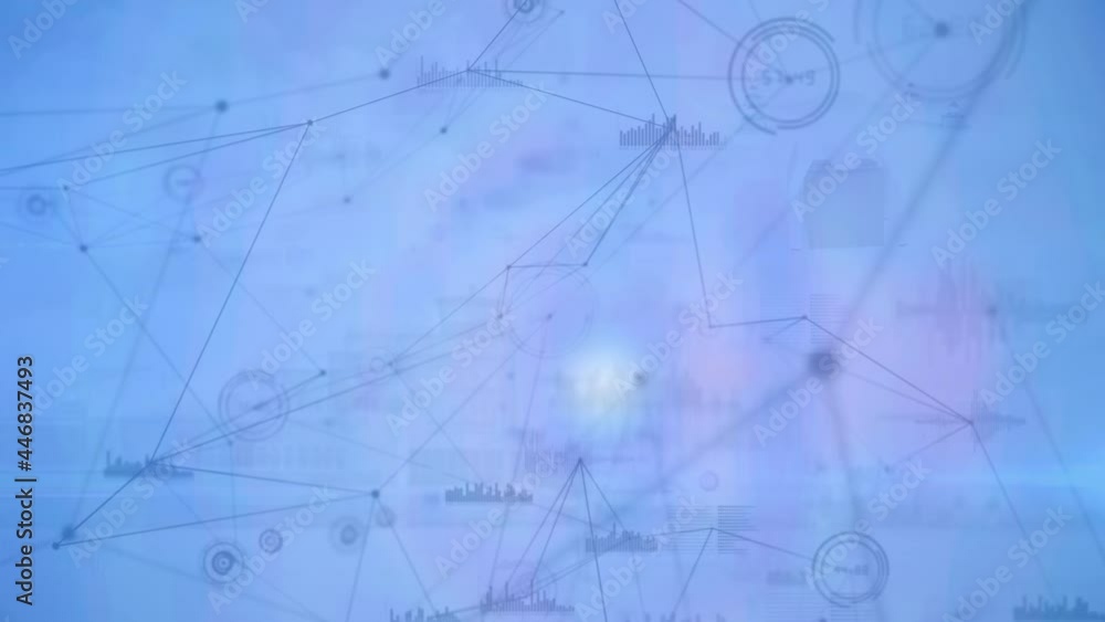Poster animation of network of connections with icons over delivery drone with parcel