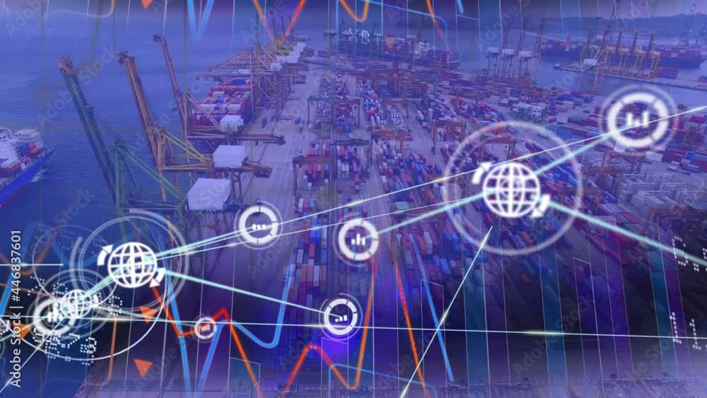 Poster animation of network of connections with icons over port