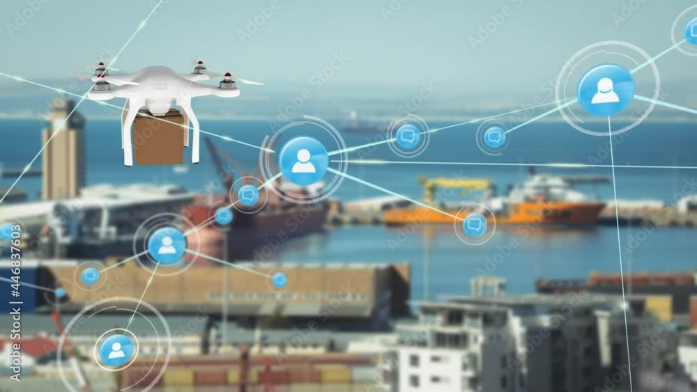 Poster animation of network of connections with icons over delivery drone with parcel