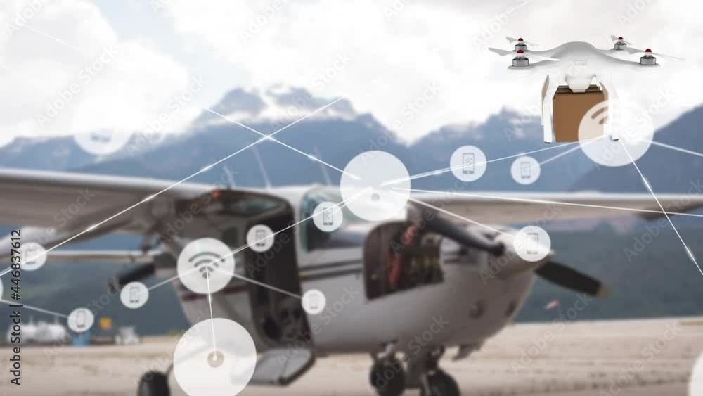 Poster animation of network of connections with icons over delivery drone with parcel