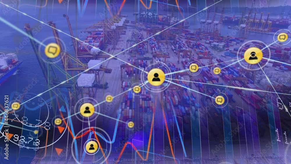 Poster animation of network of connections with icons over port