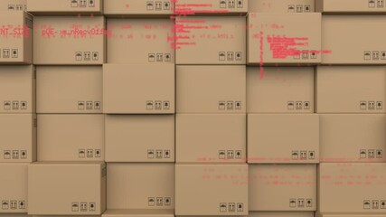 Animation of data processing over stack of cardboard boxes - Powered by Adobe