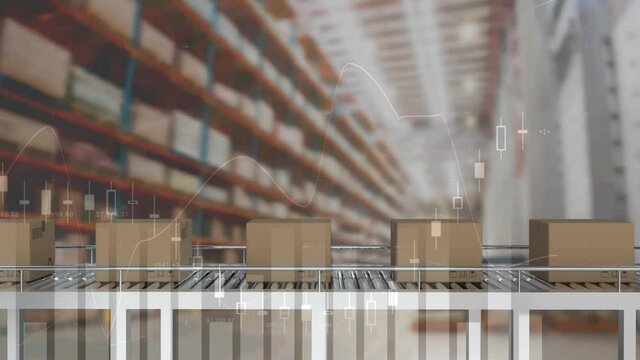 Animation of financial data processing over cardboard boxes on conveyor belt