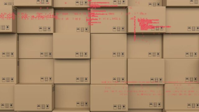 Animation of data processing over stack of cardboard boxes