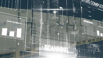 Digital interface with data processing over multiple boxes on conveyor belt against blue background - Powered by Adobe