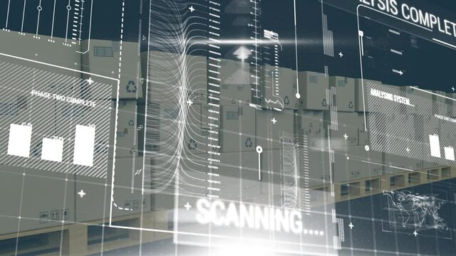 Digital interface with data processing over multiple boxes on conveyor belt against blue background - Powered by Adobe