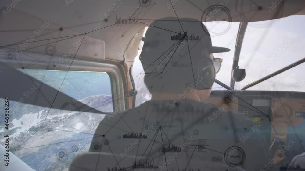 Poster animation of network of connections and statistics over pilot in airplane