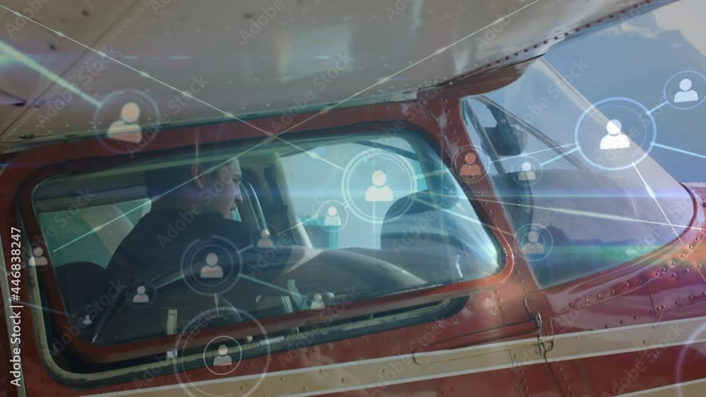 Poster animation of network of connections with icons over pilot in airplane