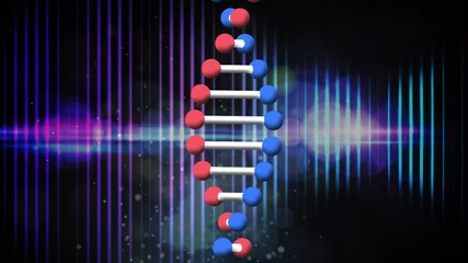 Animation of revolving dna strand with white light spots and glowing neon lines - Powered by Adobe