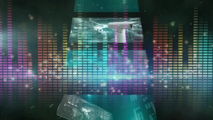 Animation of data processing on cascading interface screens over colourful glowing rectangles - Powered by Adobe