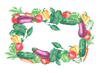 Farm vegetables watercolor frame (wreath). Harvest. Eggplant, pepper, cucumber, tomato, cabbage, radish, carrot, squash. Agriculture. The frame is isolated. For printing on postcard, sticker, logo