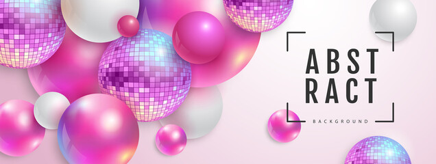 3D abstract background with holographic pink spheres and disco ball spheres. Disco ball background. Disco party poster. Vector illustration