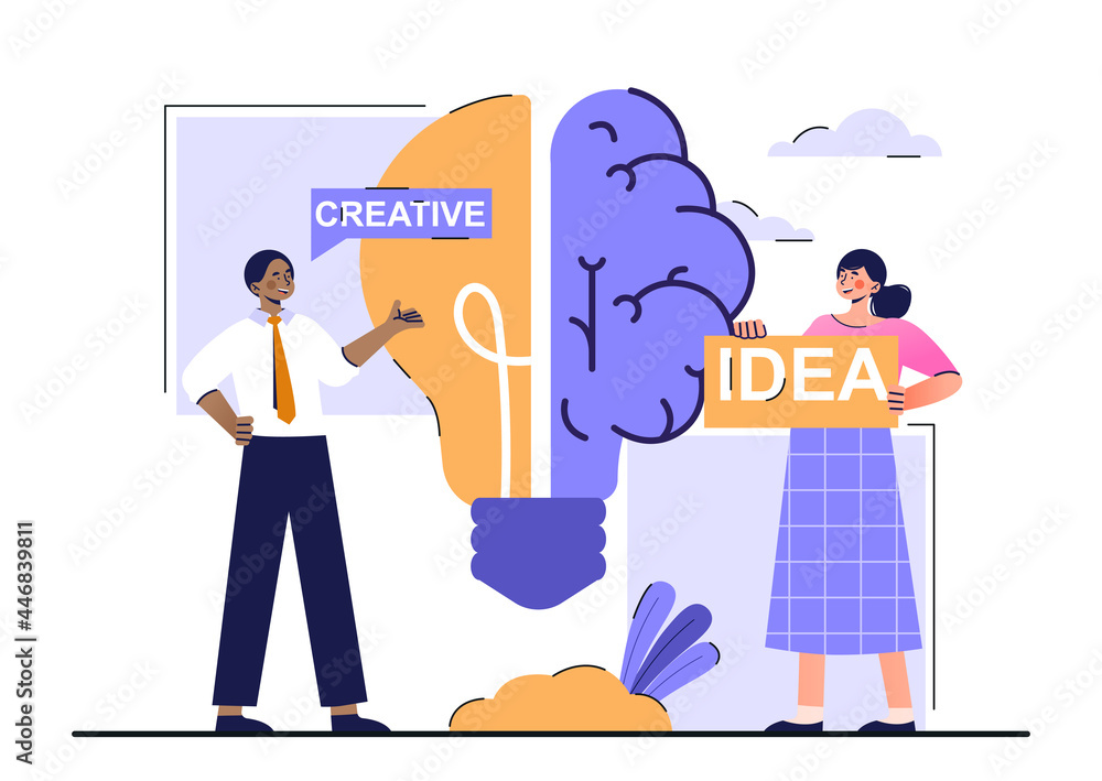 Aufkleber creative brain with innovative knowledge concept. brainstorming process with imagination and genius 