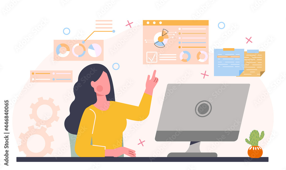 Poster data analysis concept. woman sitting at a laptop and studying statistical data in the form of tables