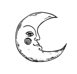 Mystical moon illustration. Hand drawn sketch. Pagan symbol. Vector illustration.
