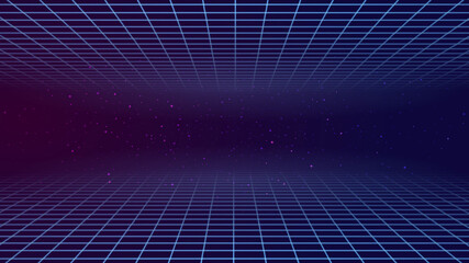 Vector abstract background. Retro horizon, mesh in neon glow. Particles scattering from the center.