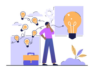 Gather ideas concept. Businessman with a portfolio collects several small ideas into one big one. Problem and the search for solutions. Cartoon flat vector illustration isolated on a white background