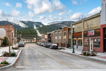 0: The main street of historic Priest River, Idaho, in the Northwest of the United States at winter.